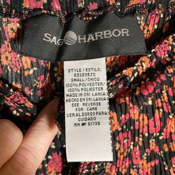 VTG Sag Harbor Maxi Skirt Black Red Orange Ditsy Floral Pleated Drawstring S - Picture 5 of 10